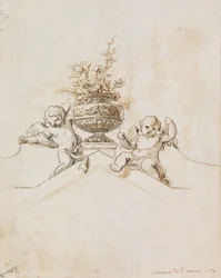 Study for a Painted Wall Decoration: Two Putti beside a Vase with Flowers